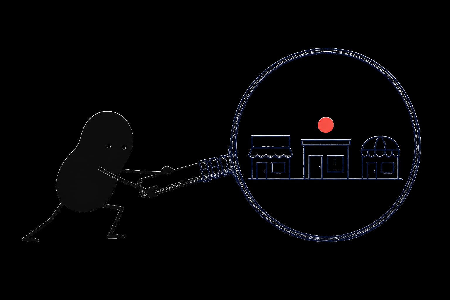 Hand-drawn prospecting scene scanning local storefronts with an oversized magnifying glass